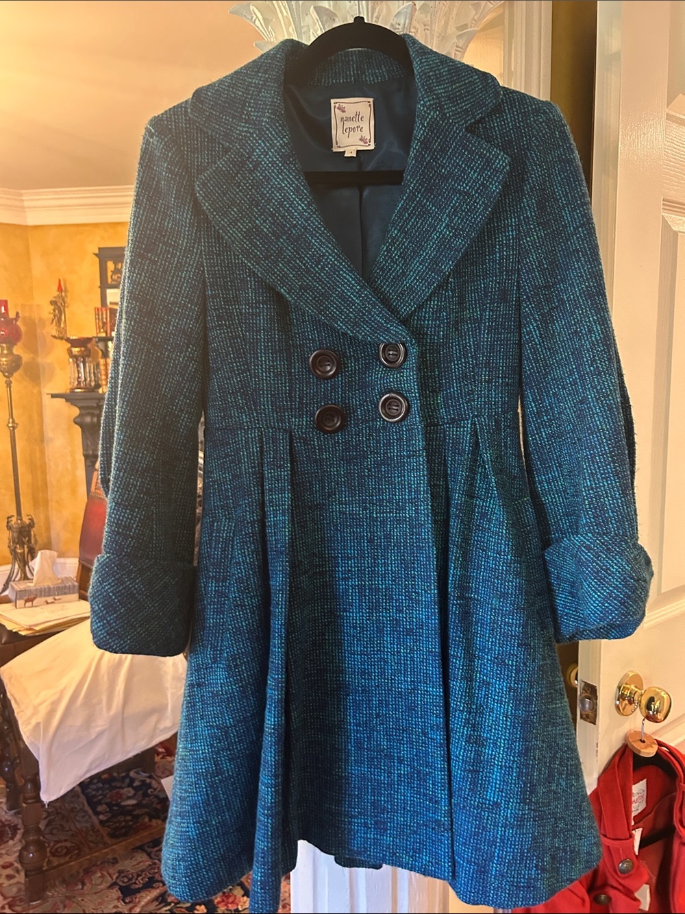 Nanette Lepore Teal Tweed Double-Breasted Fit & Flare Pea Coat